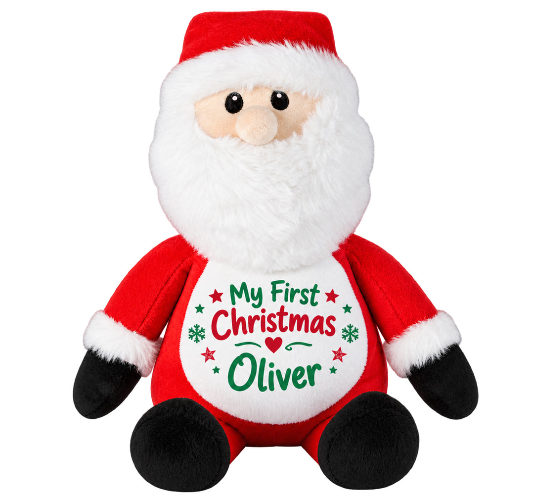 Santa sublimation plush toy personalised with "My First Christmas Oliver" on the tummy