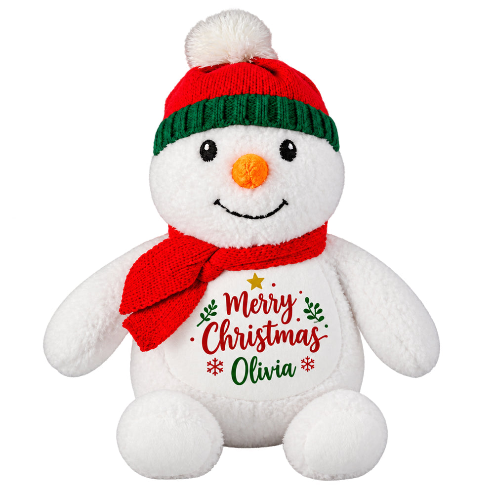 Snowman sublimation plush toy personalised with "Merry Christmas Olivia" on the tummy