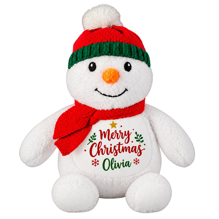 Snowman sublimation plush toy personalised with "Merry Christmas Olivia" on the tummy
