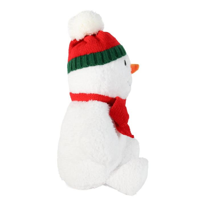Side view of the Snowman plush toy, showing the knitted bobble hat and scarf