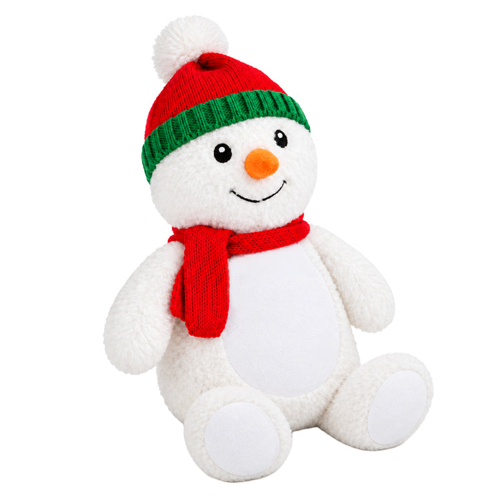 Snowman sublimation plush toy with blank tummy panel and knitted red hat and scarf, Brambleton Bears range