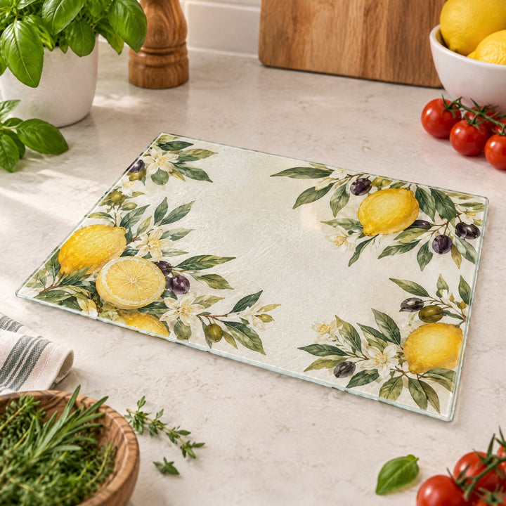 A3 textured sublimation chopping boards printed with lemons and olive branches, on a kitchen worktop