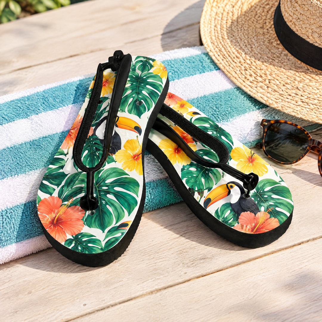 Adults black sublimation flip flops printed with toucans and monstera leaves, on a beach towel