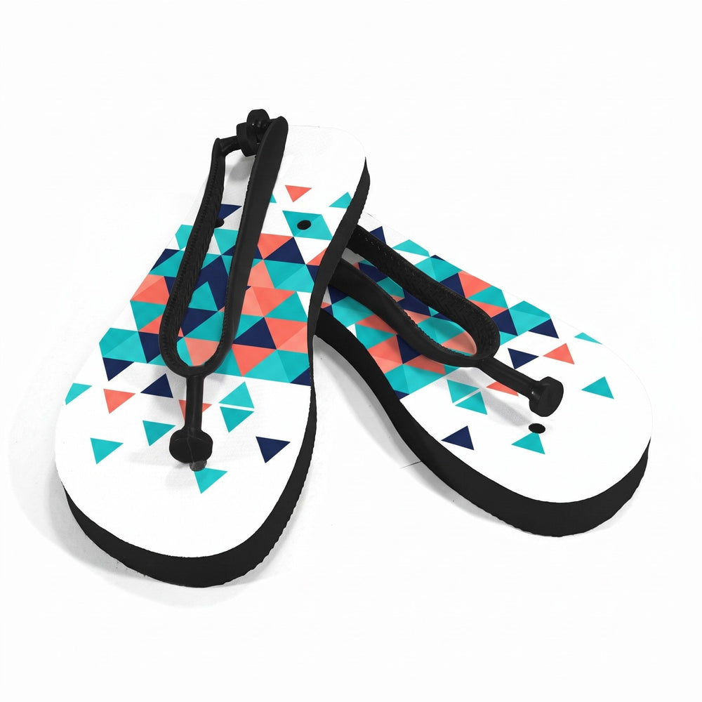 Adults black sublimation flip flops printed with turquoise, coral and navy triangles