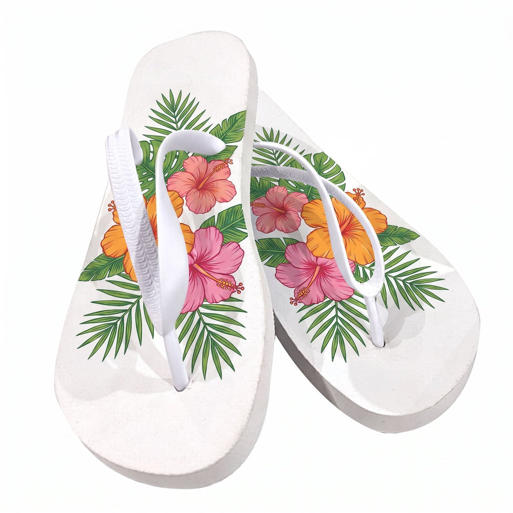 Adults white sublimation flip flops printed with tropical hibiscus flowers, palm leaves and cluster