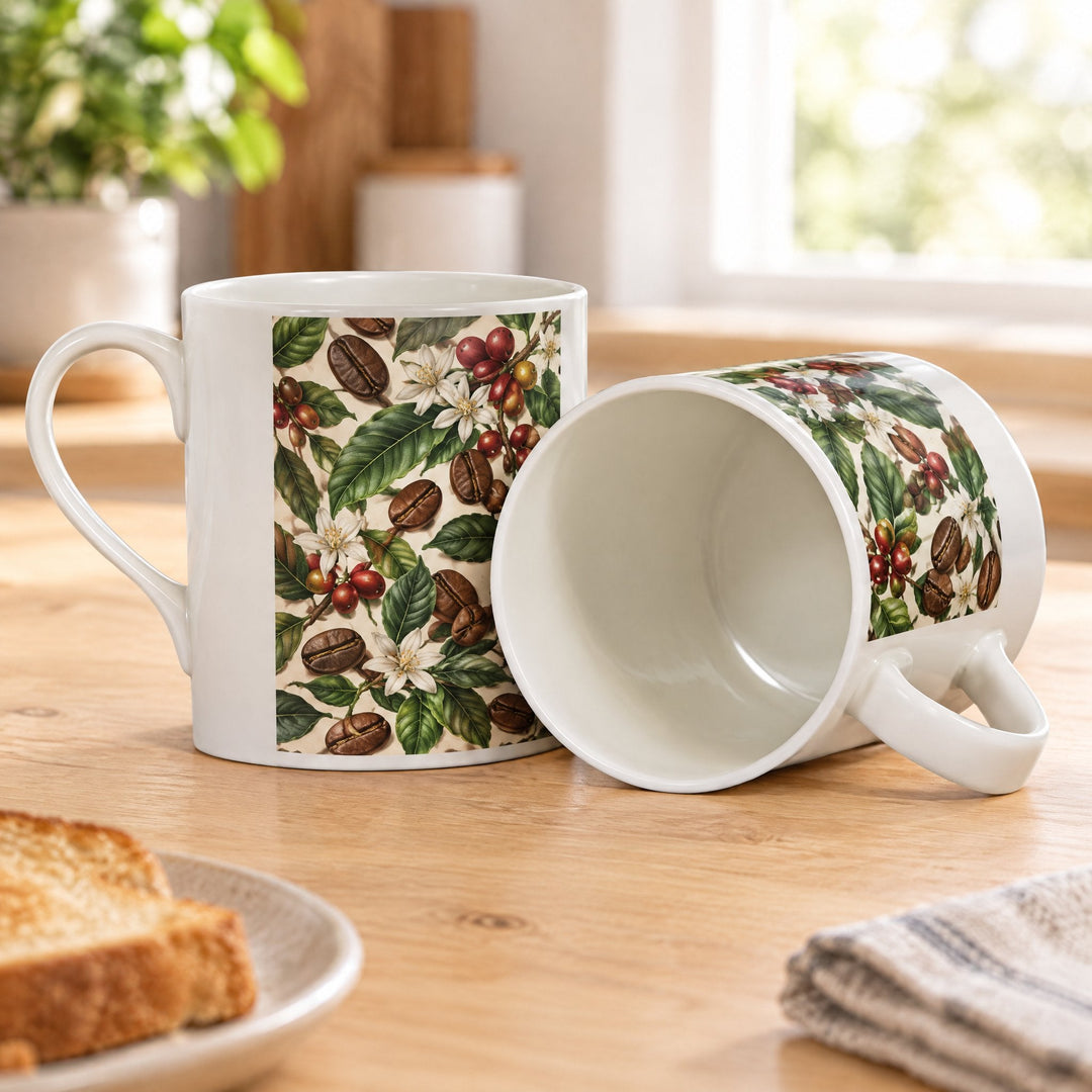 Balmoral bone china sublimation mugs printed with coffee beans and leaves, on a wooden kitchen table