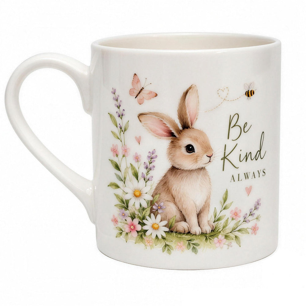 Balmoral bone china sublimation mugs printed with a watercolour rabbit in wildflowers and 'Be kind always'