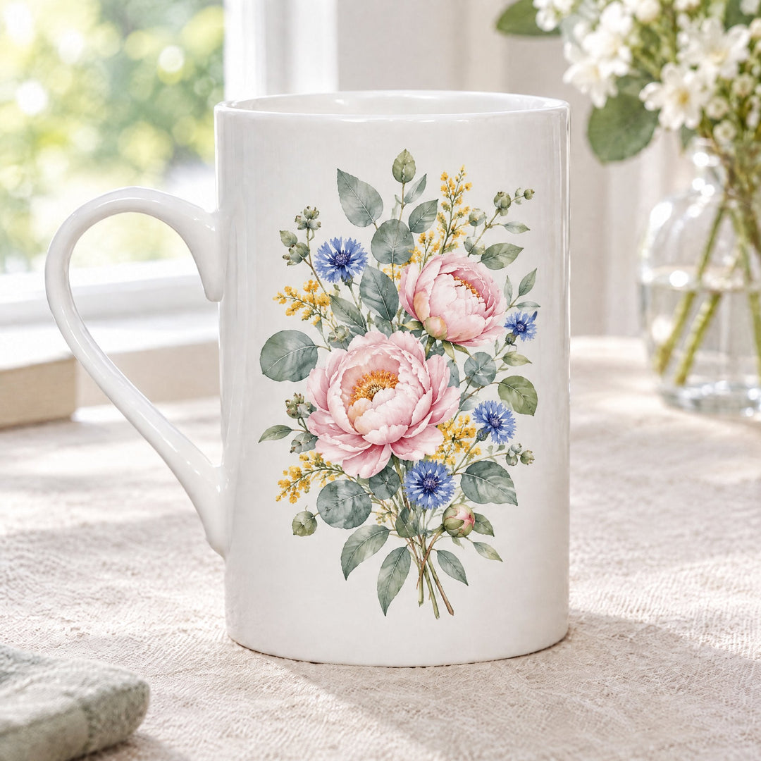 Birmingham fine bone china mugs printed with a bouquet of pink peonies and cornflowers, on a linen tablecloth by a window