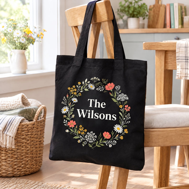 Black cotton tote bags printed with a faint grey hot design, in use