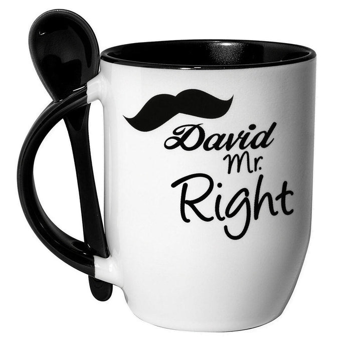 Black two tone sublimation mug with spoon printed with a moustache and &