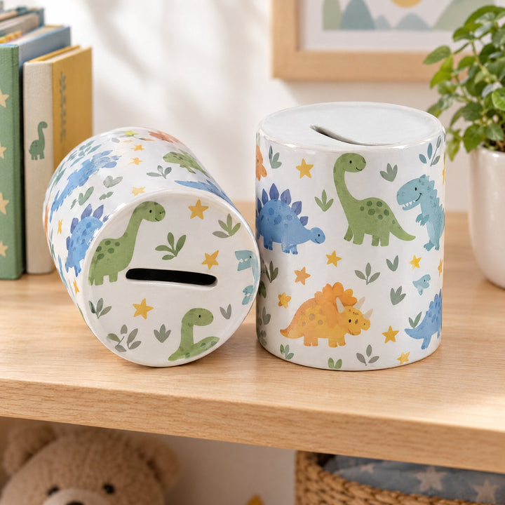 Blank 11oz money box printed with cartoon dinosaurs and stars, on a child&