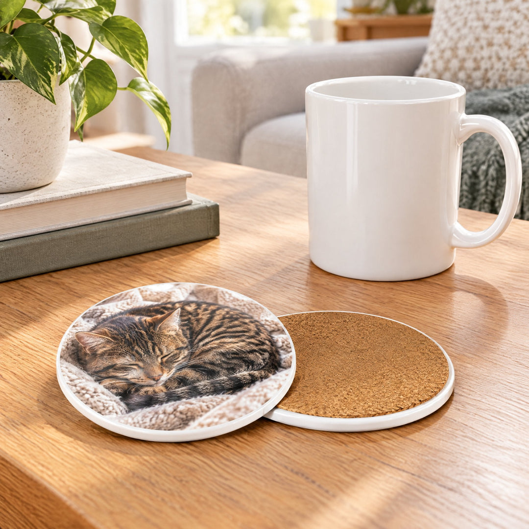 Blank sublimation ceramic coaster, round, printed with a tabby cat design, on a wooden coffee table