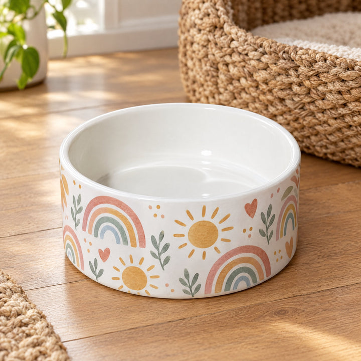 Blank sublimation dog bowl printed with a boho rainbow and sun design, on a wooden kitchen floor