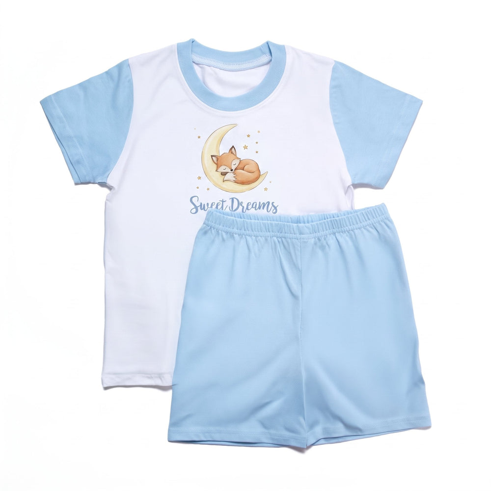 Blank T-shirt and Short/Pyjama set, blue, printed with an illustrated sleepy fox design and the words 'Sweet Dreams'