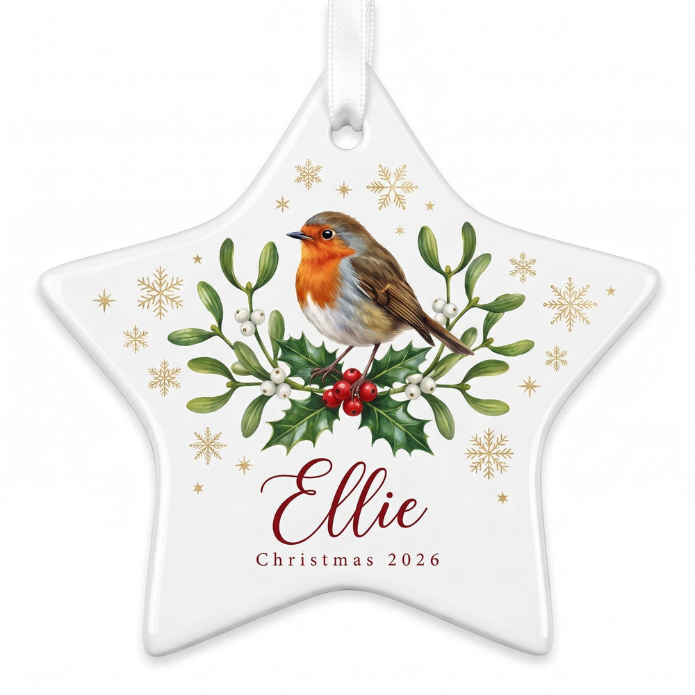 Ceramic star shaped Christmas tree decoration printed with a painterly robin design and the name Ellie