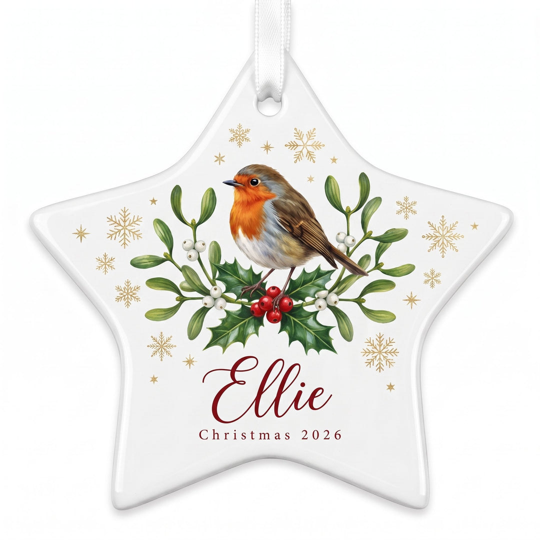 Ceramic star shaped Christmas tree decoration printed with a painterly robin design and the name Ellie