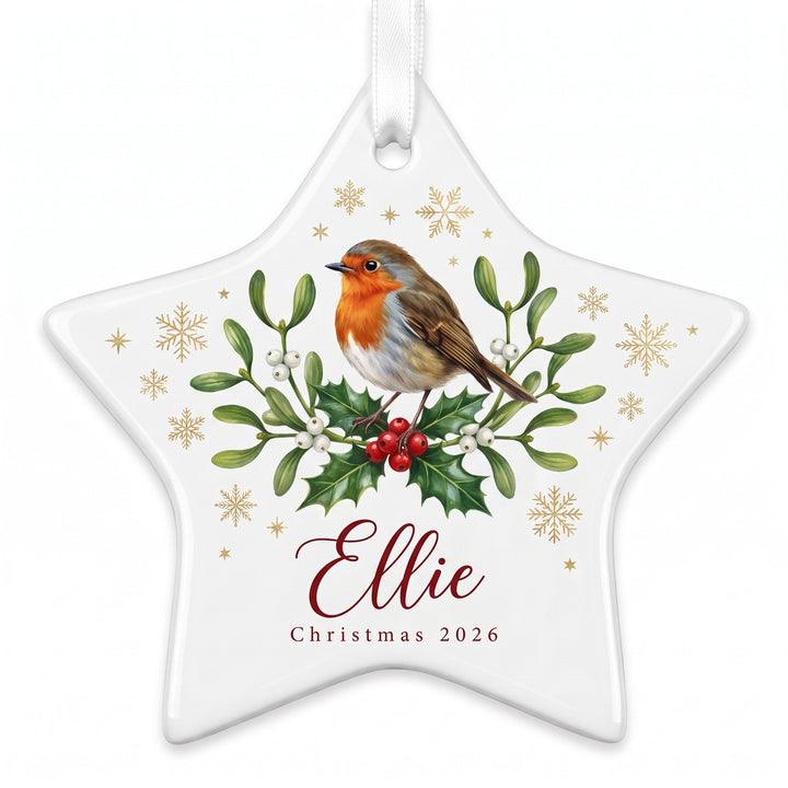Ceramic star shaped Christmas tree decoration printed with a painterly robin design and the name Ellie