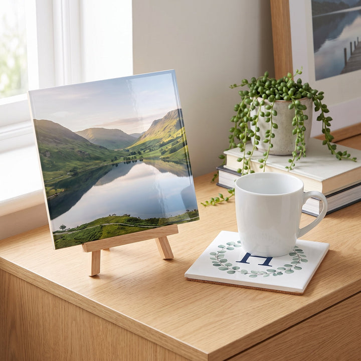 Ceramic tile 6" x 6" printed with a lake photo on a mini easel and a monogram H under a mug, on a wooden sideboard