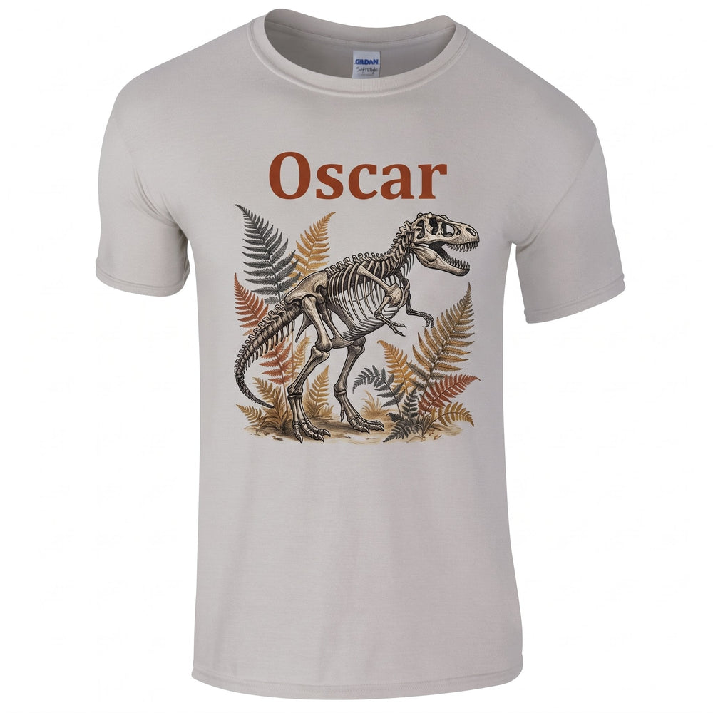 Children's Gildan Softstyle cotton T-shirt, sport grey, printed with a T-rex skeleton design