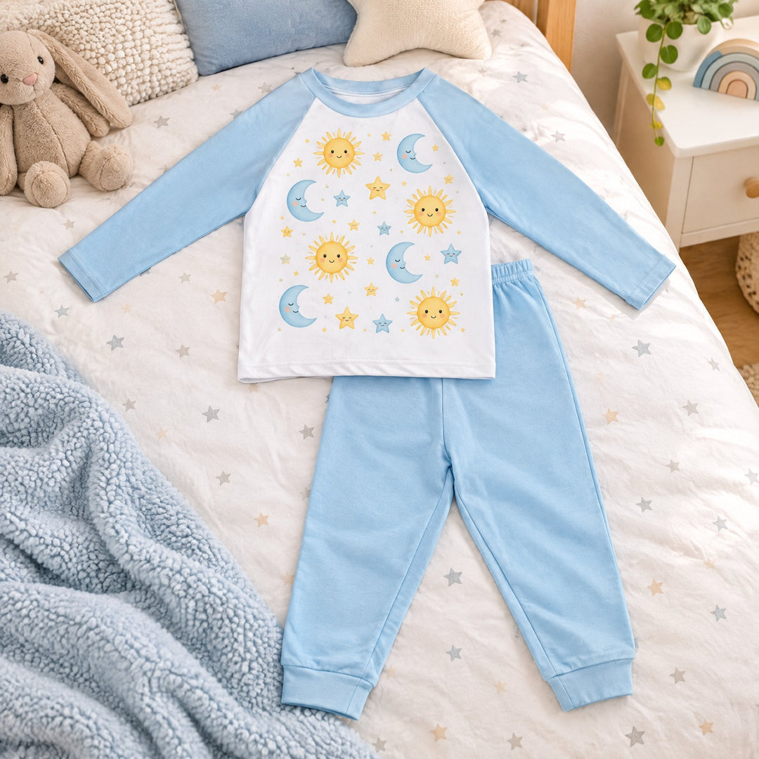 Sublimation pyjamas, blue, printed with suns, moons and stars, laid out on a child&