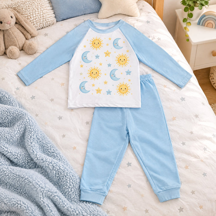 Sublimation pyjamas, blue, printed with suns, moons and stars, laid out on a child&