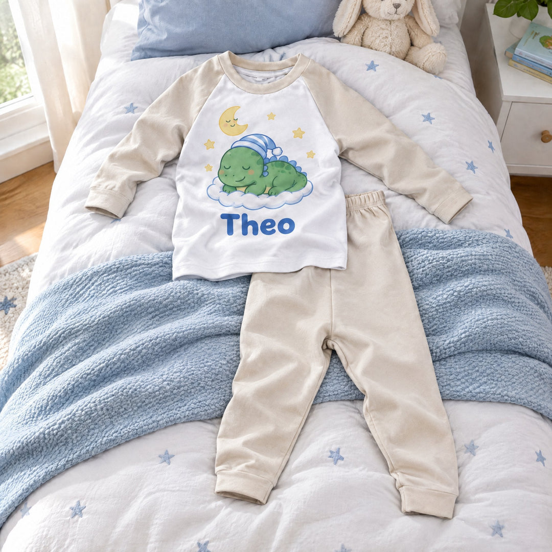 Sublimation pyjamas, stone, printed with a sleepy dinosaur and the name Theo, laid out on a child&
