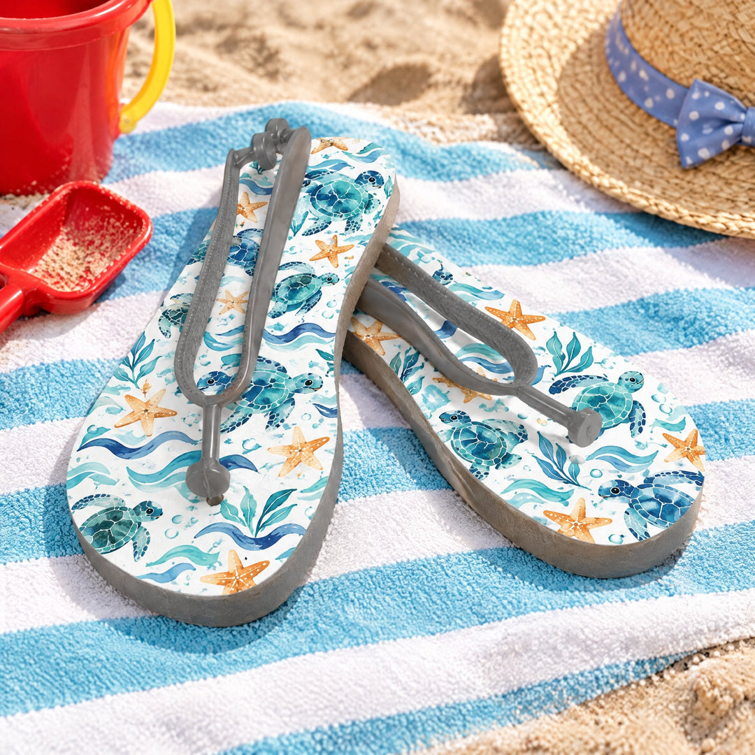 Childs grey sublimation flip flops printed with sea turtles and waves, on a beach towel