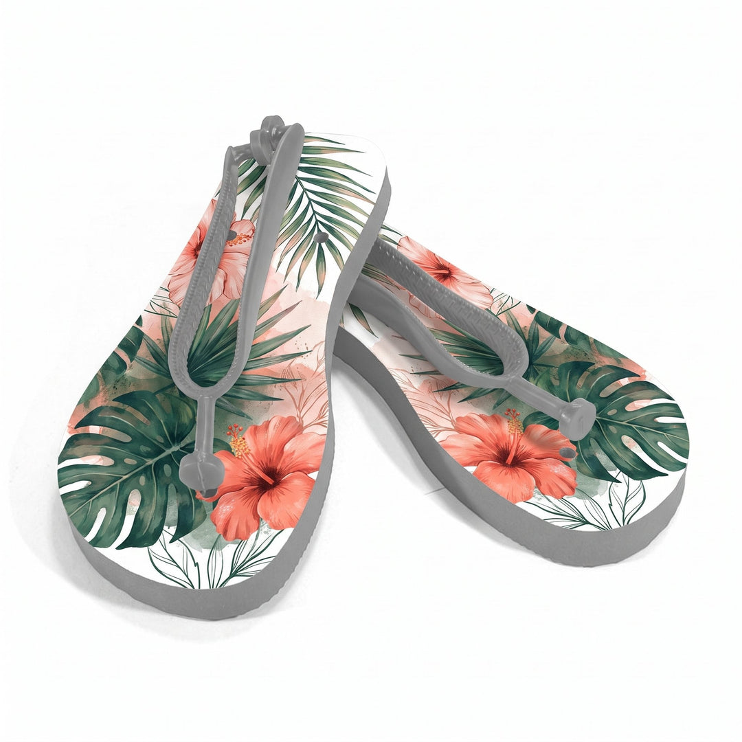 Childs grey sublimation flip flops printed with a lush painterly tropical botanical design