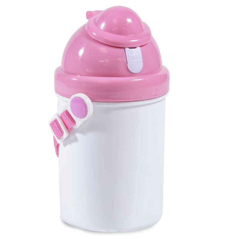 Childs pink plastic drinks bottle, blank