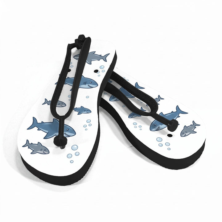 Childs sublimation flip flops, black, printed with illustrated sharks and little bubbles