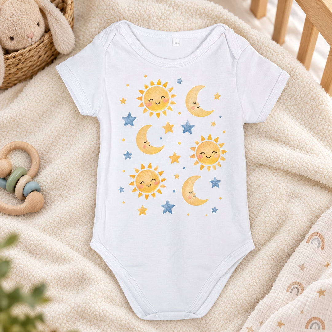 Dye sublimation baby onesie short sleeve printed with suns, moons and stars, laid flat on a blanket