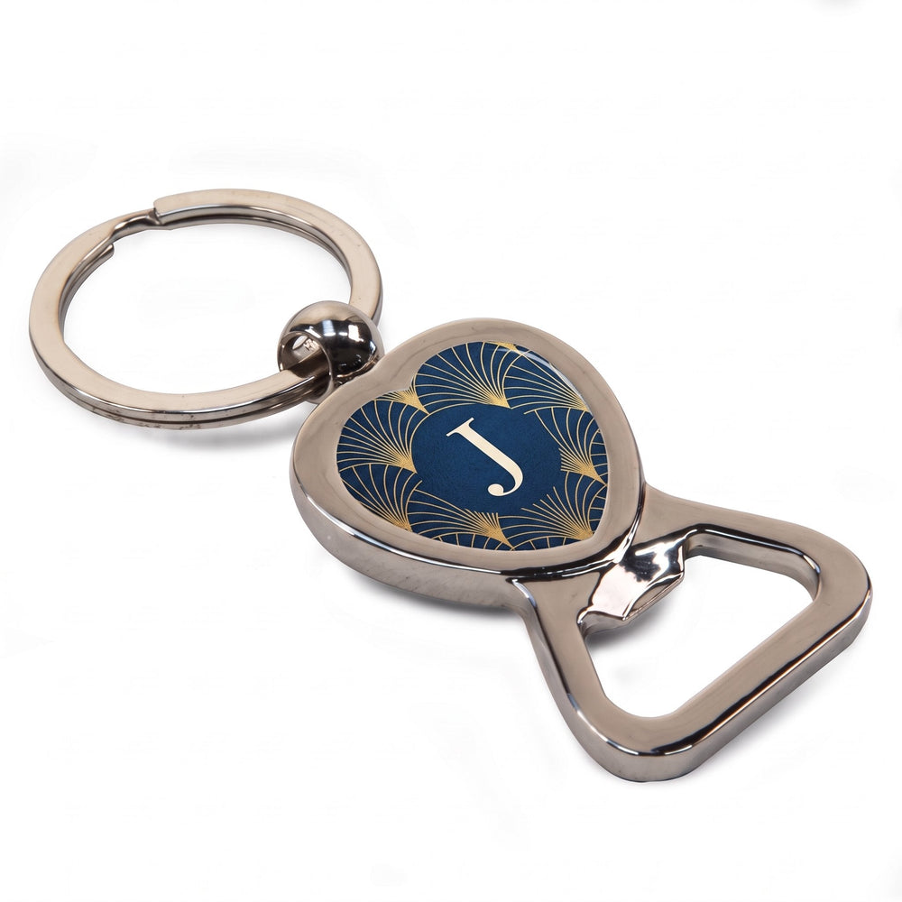 Heart bottle opener key ring printed with a gold-foil-look art-deco fan pattern and a monogram J