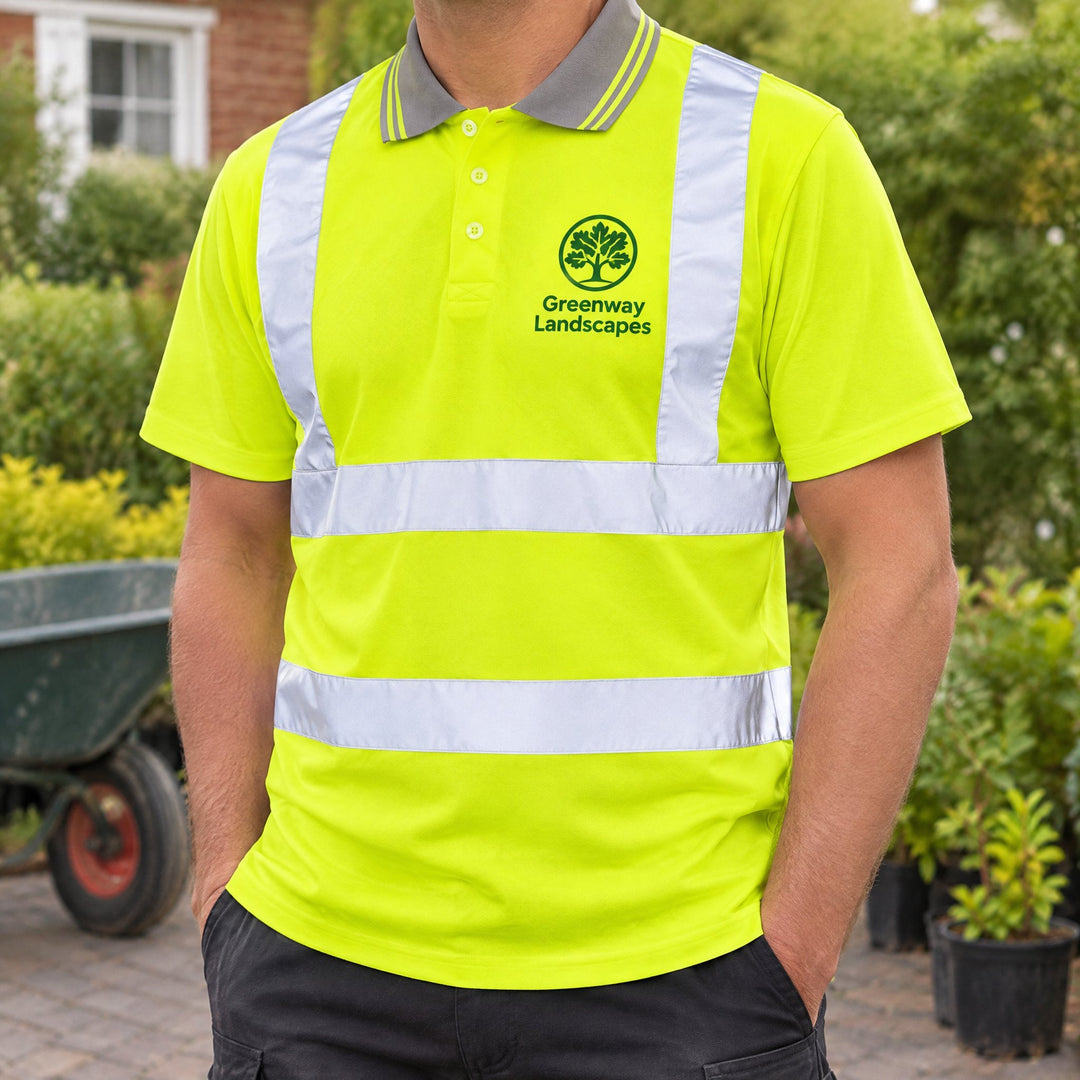 Hi-Vis short sleeved polo T-shirts printed with a tree logo and &