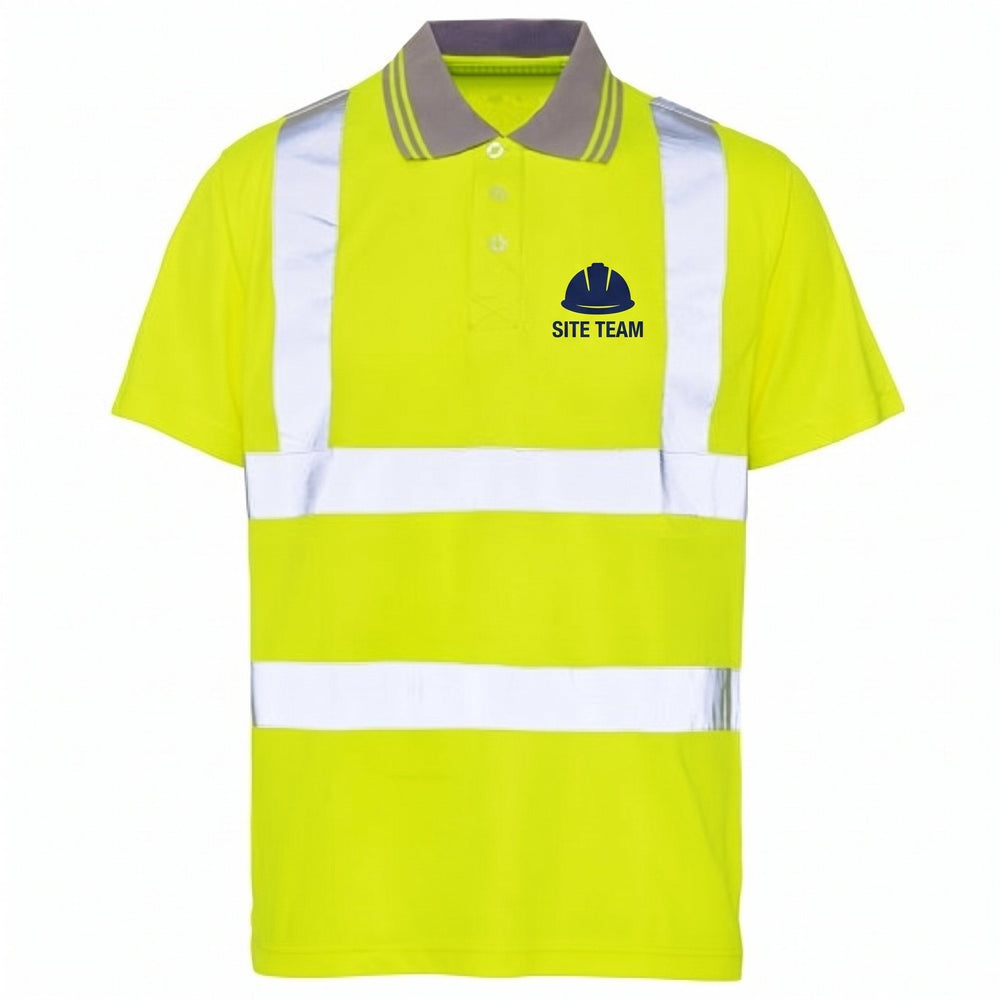 Hi-Vis short sleeved polo T-shirts printed with a navy hard-hat icon design and the words 'Site Team'