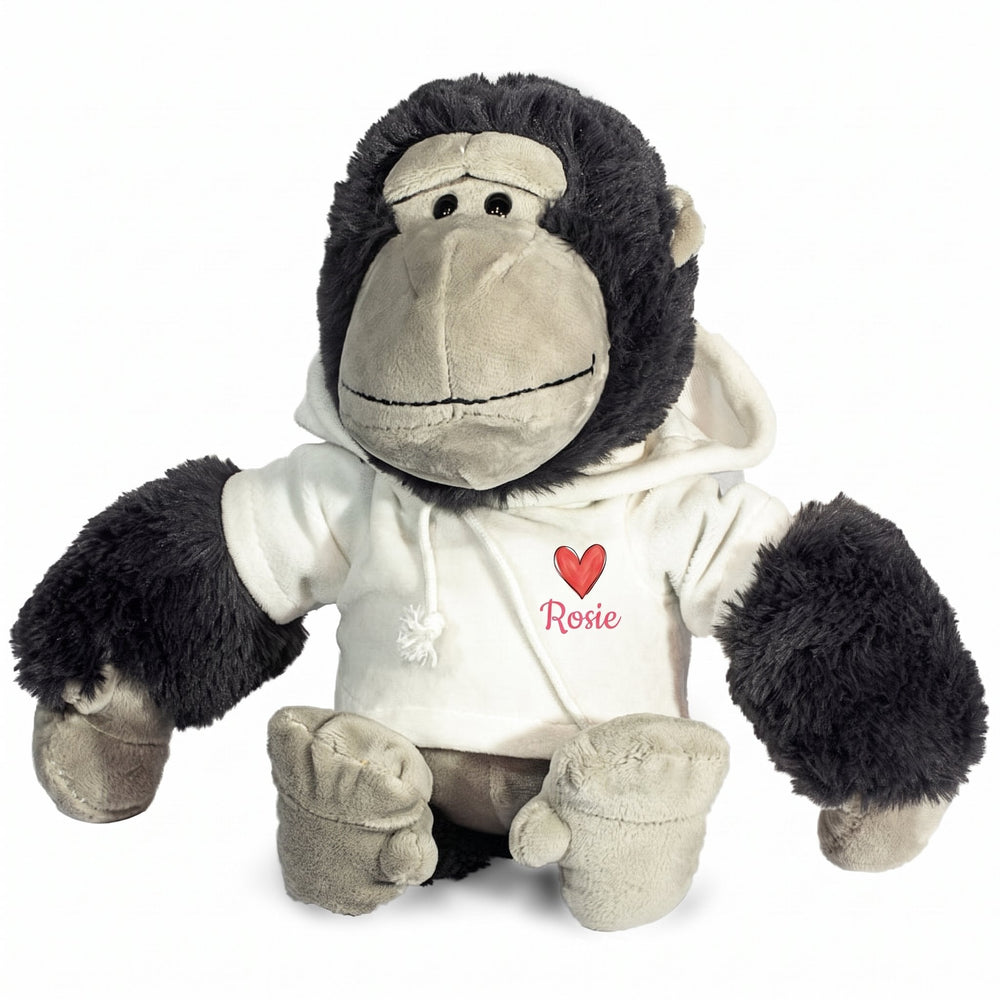 Hoodies for teddy bears printed with a red heart design and the name Rosie