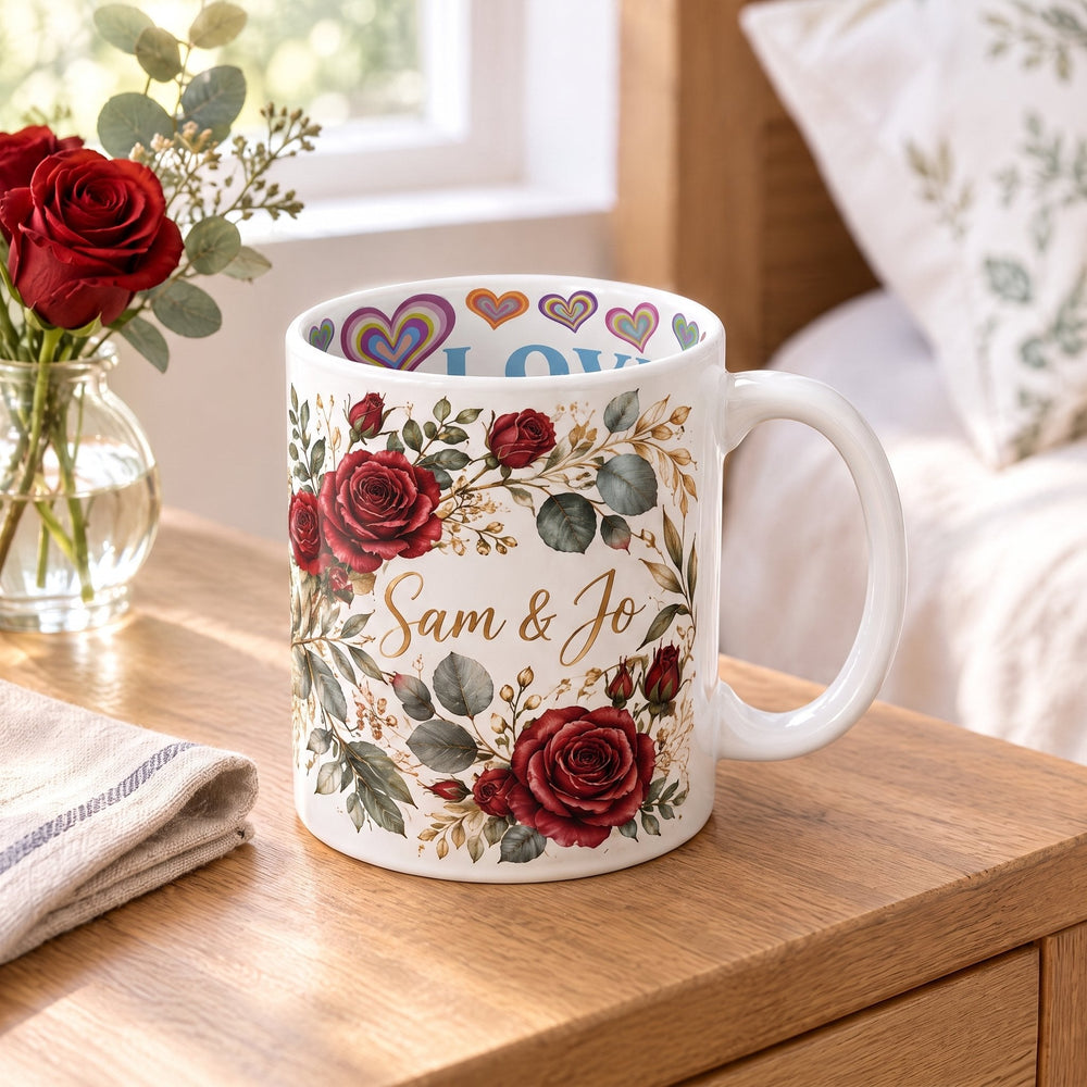 'I Love You' sublimation mug printed with a pre-printed artwork and the words 'Love', in use