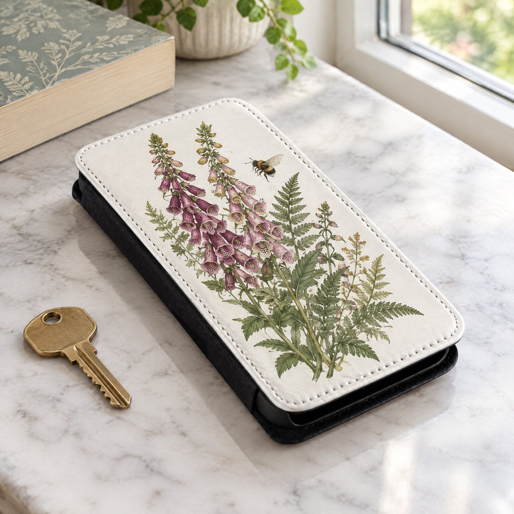 iPhone 13 Pro phone case printed with foxgloves and fern fronds, lying on a kitchen worktop