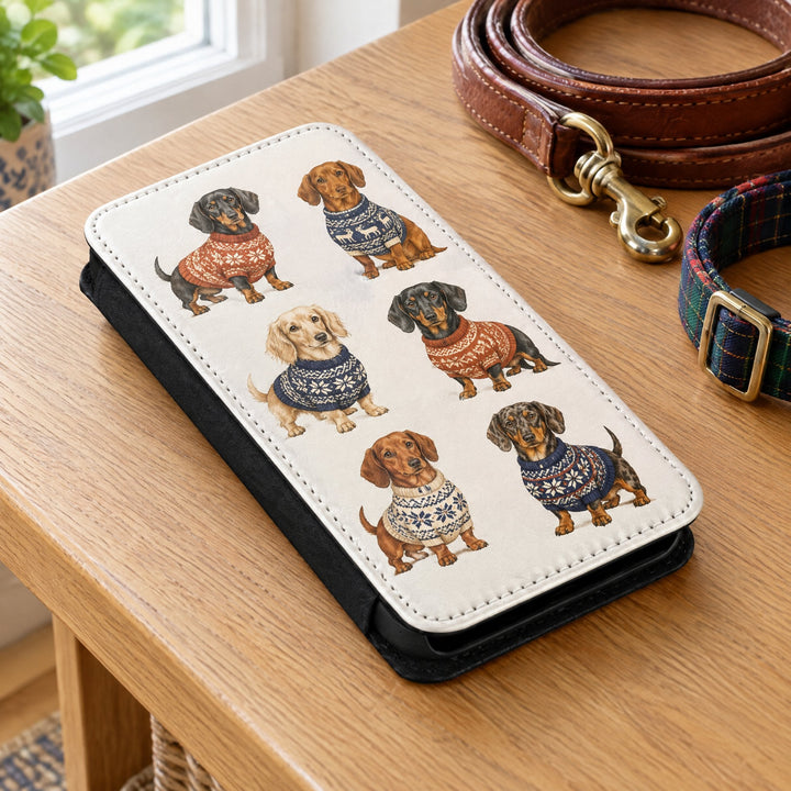 iPhone 14 Pro phone case printed with six illustrated dachshunds, lying on a hallway table