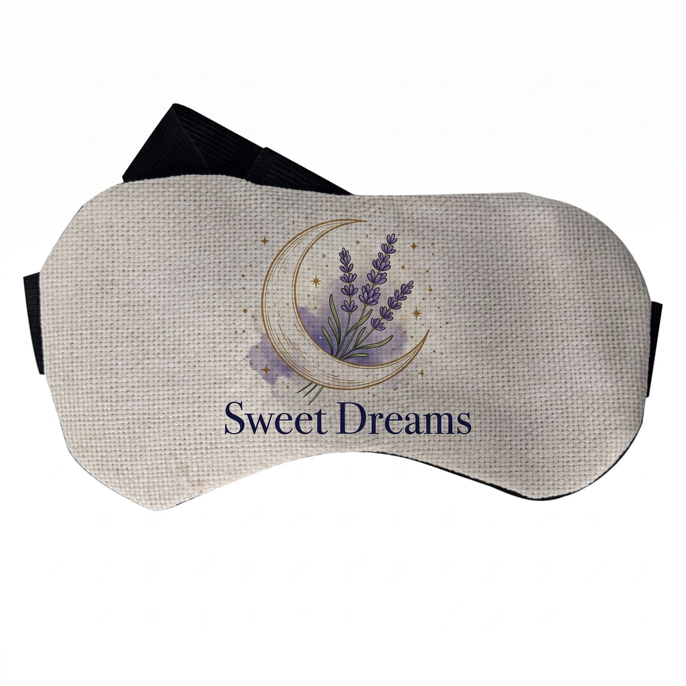 Linen eye mask printed with lavender, stars and dots and the words 'Sweet Dreams'