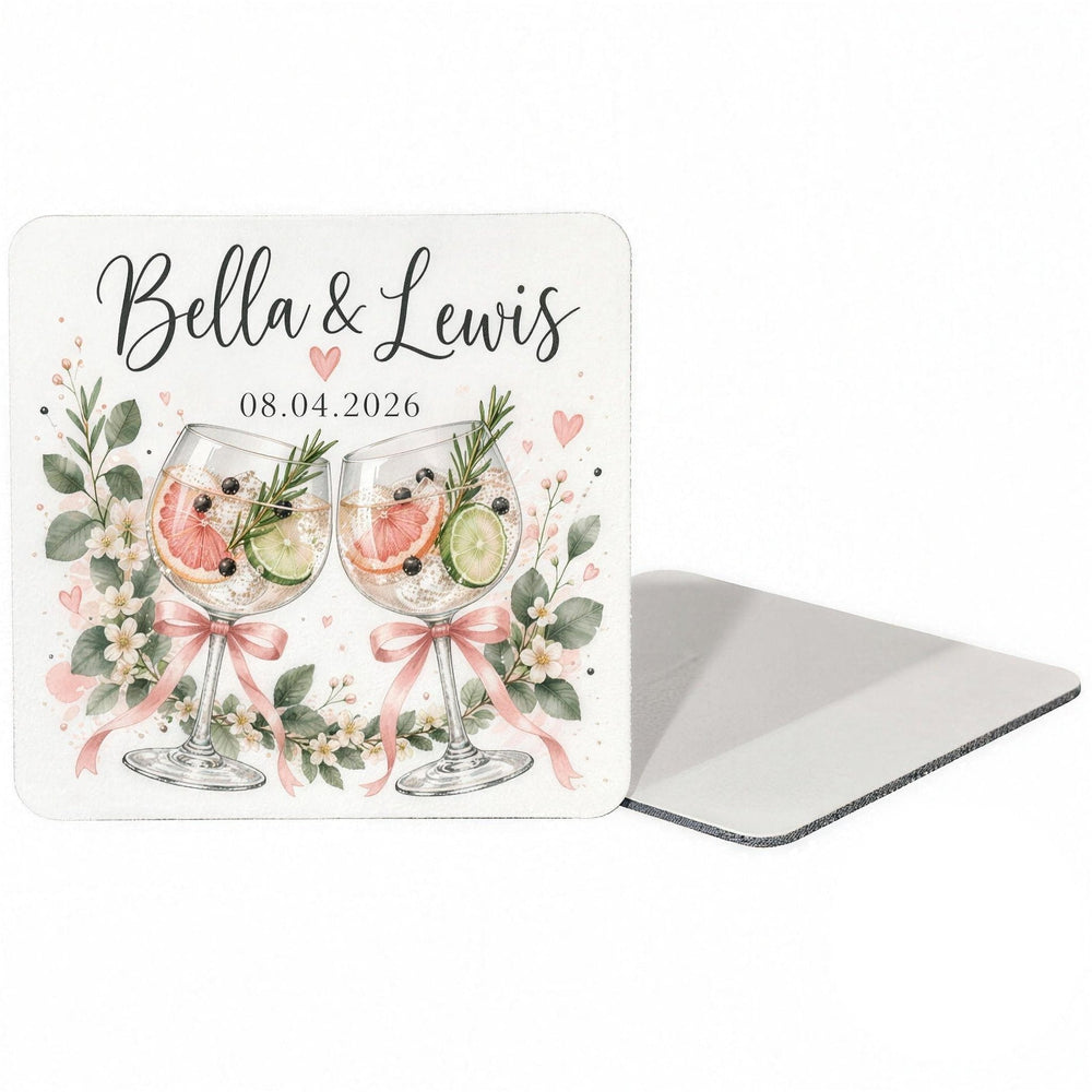 Matt cardboard coasters (pack of 10), square coaster printed with gin glasses and 'Bella & Lewis', a blank one behind