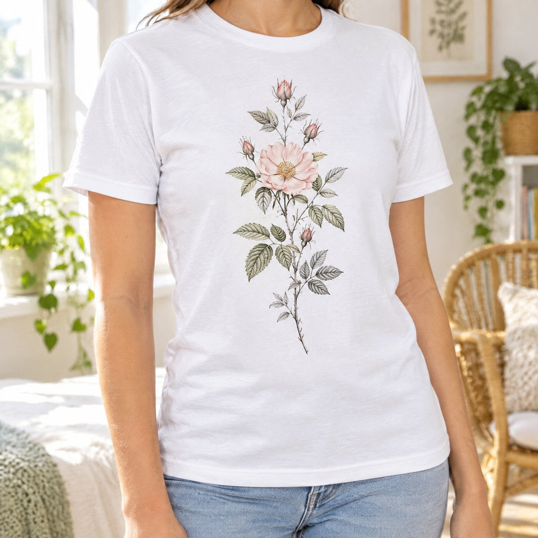 Medium womens fruit of the loom printed with a fine-line botanical design, worn in a bedroom