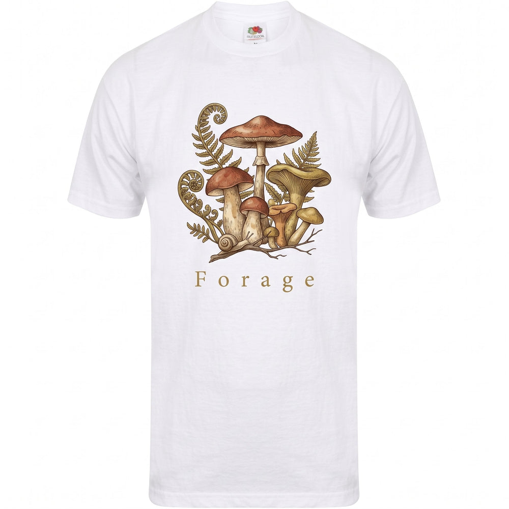 Medium womens fruit of the loom printed with wild mushrooms, ferns and snail and the words 'Forage'