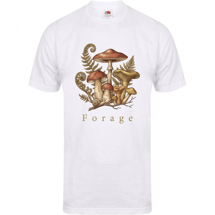 Medium womens fruit of the loom printed with wild mushrooms, ferns and snail and the words &