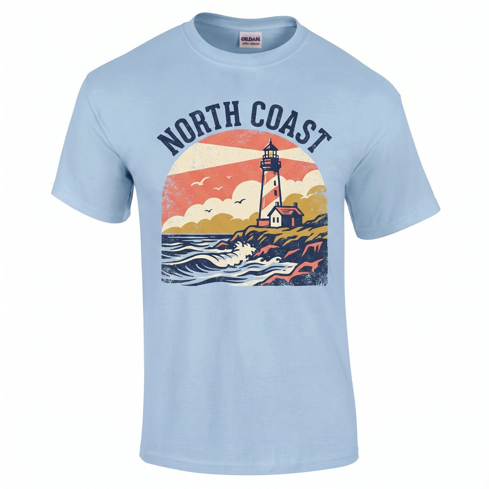 Mens Gildan light blue ultra cotton T-shirt, large, printed with a retro screen-print illustration of a lighthouse