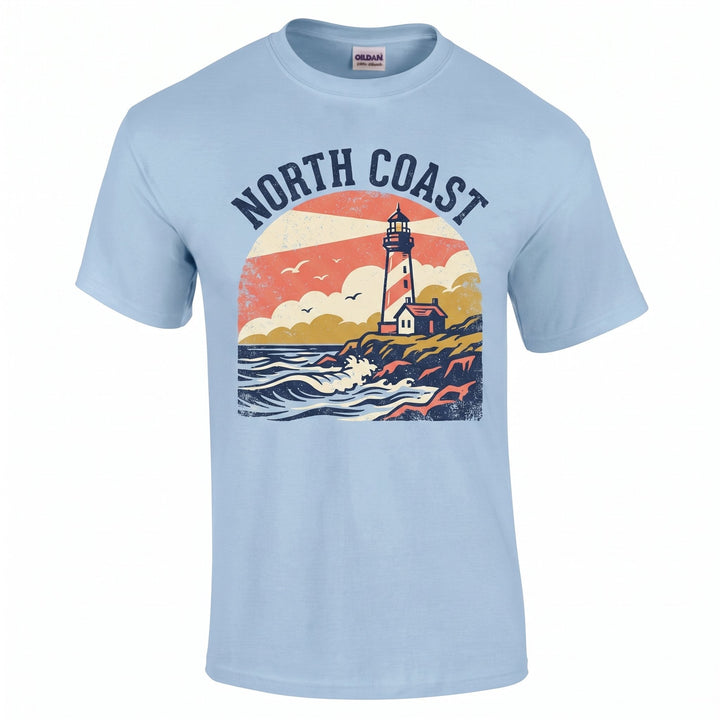 Mens Gildan light blue ultra cotton T-shirt, large, printed with a retro screen-print illustration of a lighthouse
