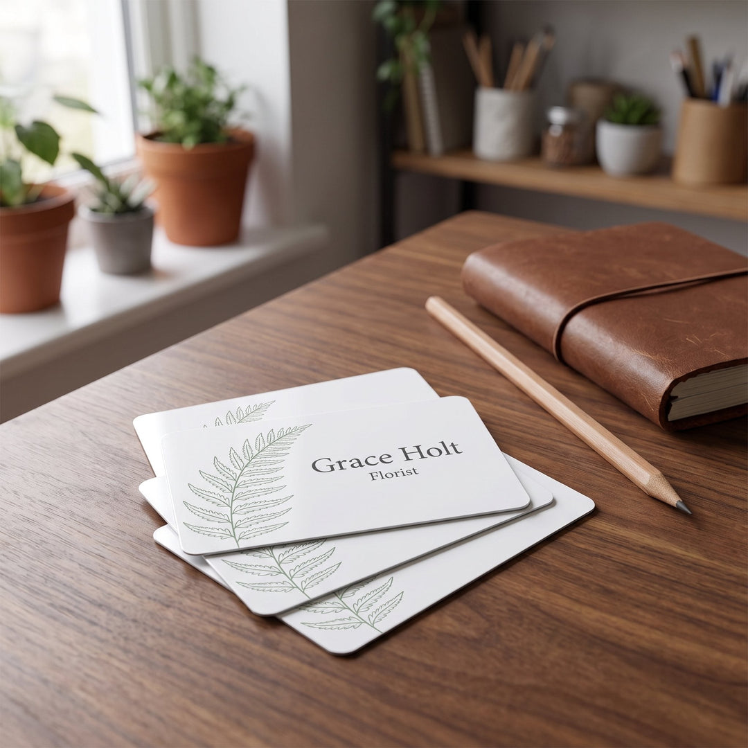 Metal sublimation business card printed with a fern frond and the name Grace Holt, fanned out on a wooden desk by a pencil