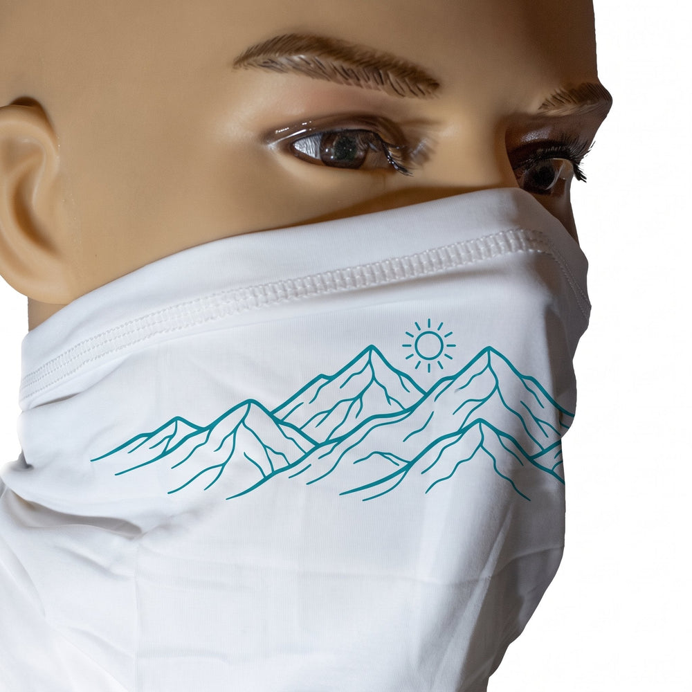 Multifunctional neck gaiter printed with teal line-art mountain ridges, sun and band