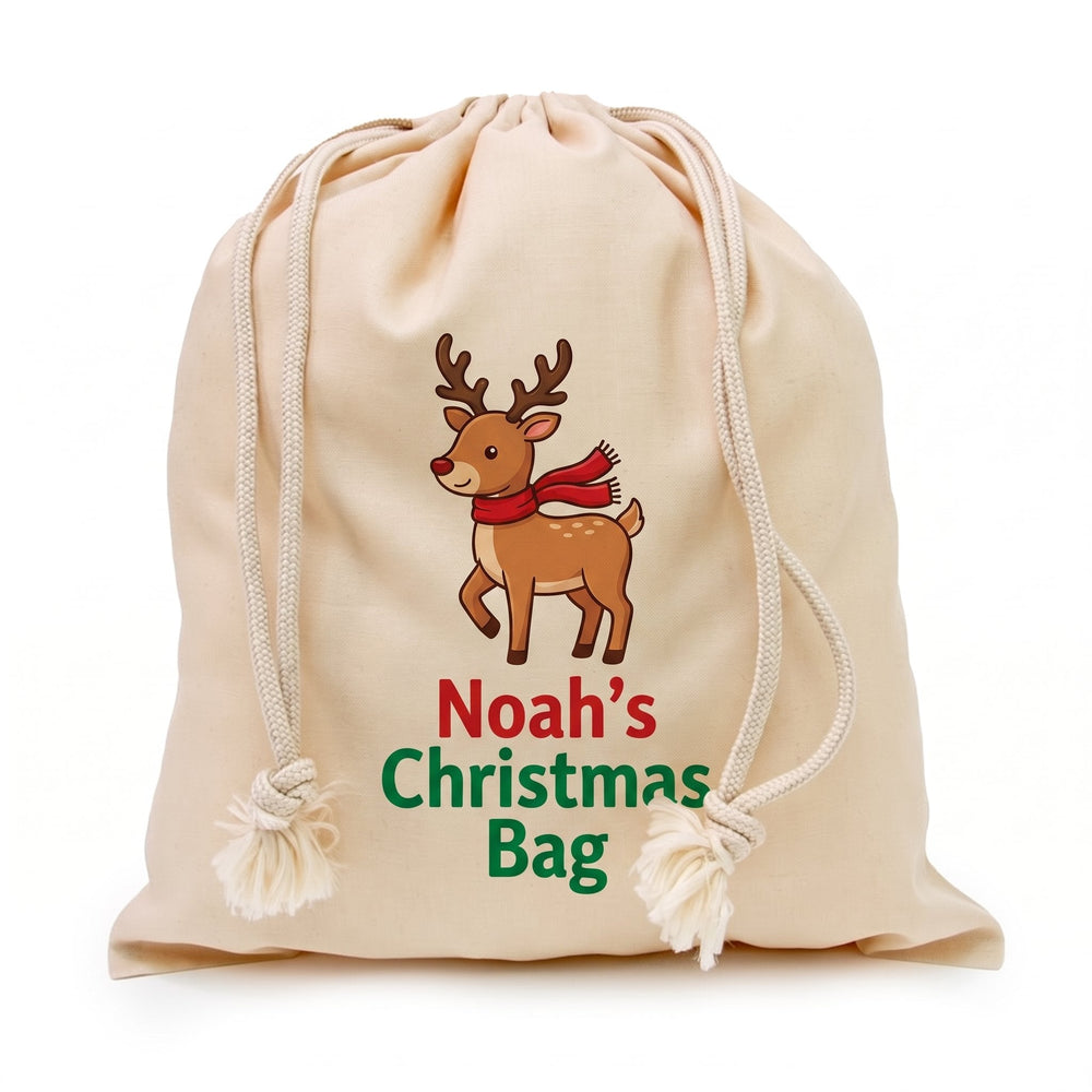 Natural cotton drawstring gift bag 25 x 30cm printed with an illustrated reindeer with a red scarf design