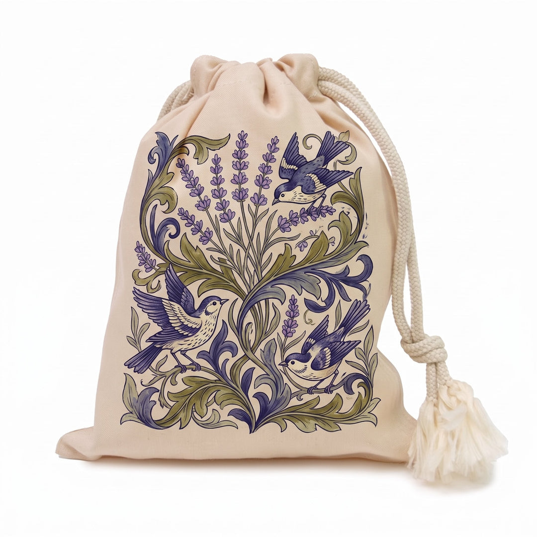 Natural cotton drawstring pouch 15 x 20cm printed with lavender sprigs, birds and curling leaves