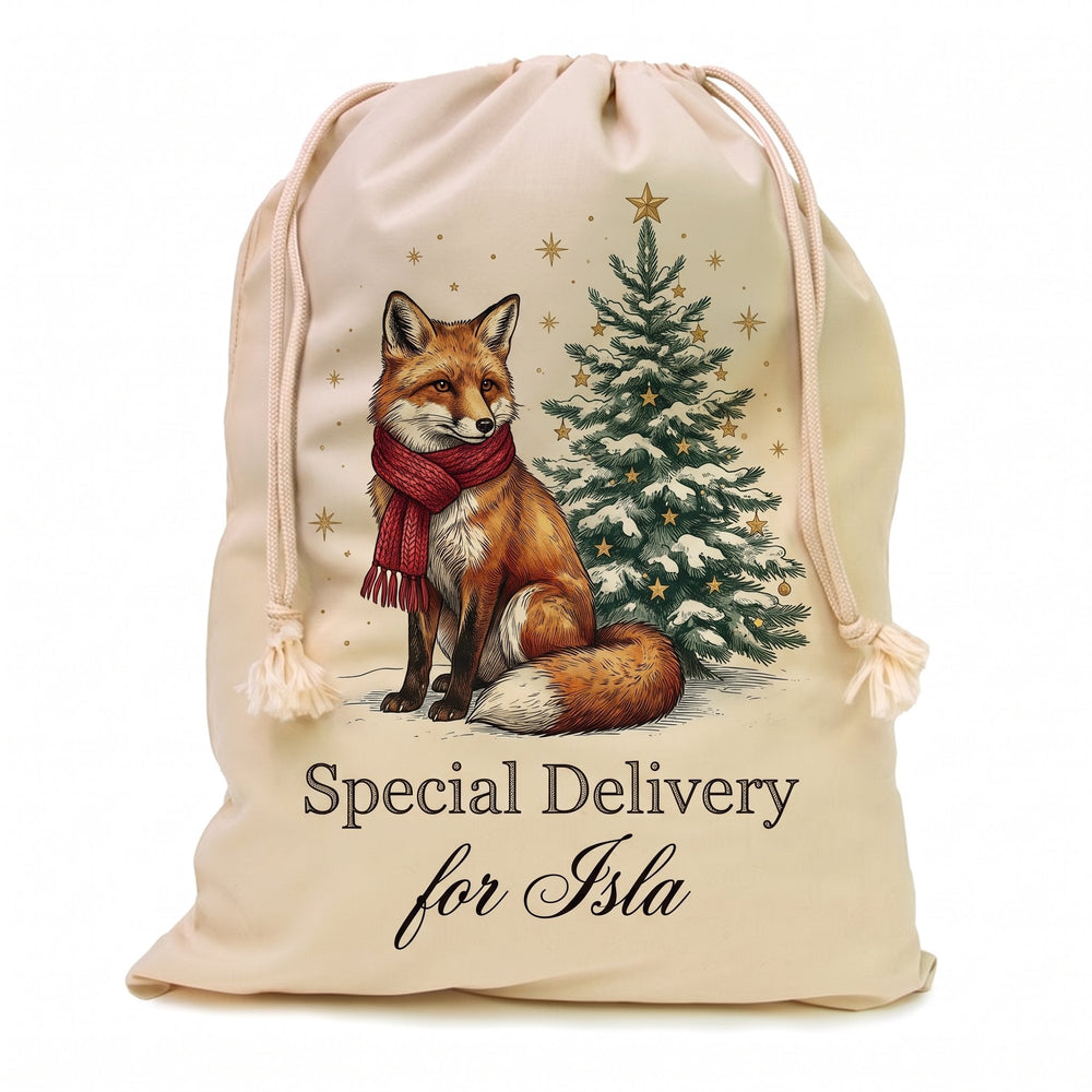 Natural cotton drawstring sack 40 x 50cm printed with a hand-tinted fox in a red knitted scarf design